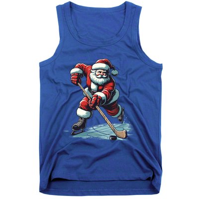 Santa Playing Hockey Pajama Funny Ice Hockey Christmas Gift Tank Top