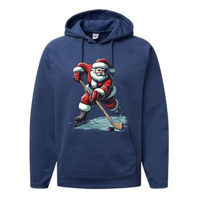 Santa Playing Hockey Pajama Funny Ice Hockey Christmas Gift Performance Fleece Hoodie