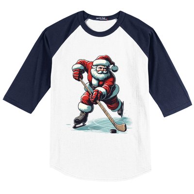 Santa Playing Hockey Pajama Funny Ice Hockey Christmas Gift Baseball Sleeve Shirt