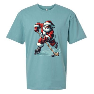 Santa Playing Hockey Pajama Funny Ice Hockey Christmas Gift Sueded Cloud Jersey T-Shirt