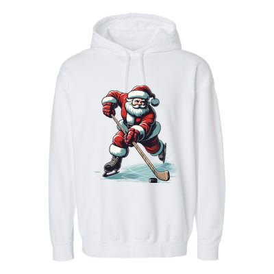 Santa Playing Hockey Pajama Funny Ice Hockey Christmas Gift Garment-Dyed Fleece Hoodie