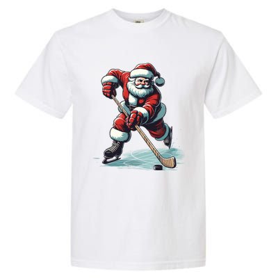 Santa Playing Hockey Pajama Funny Ice Hockey Christmas Gift Garment-Dyed Heavyweight T-Shirt