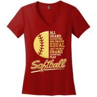 Softball Pitcher Hitter Catcher My Granddaughter Plays Softball Design For Grand Women's V-Neck T-Shirt