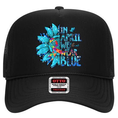 Sunflower Puzzle In April We Wear Blue Autism Awareness High Crown Mesh Back Trucker Hat