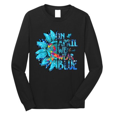 Sunflower Puzzle In April We Wear Blue Autism Awareness Long Sleeve Shirt