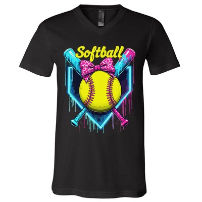 Softball Player Ice Cream Softball Drip V-Neck T-Shirt