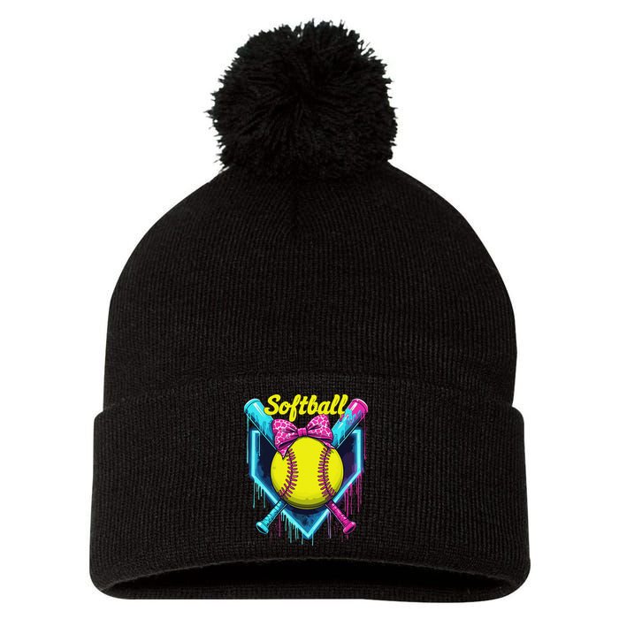 Softball Player Ice Cream Softball Drip Pom Pom 12in Knit Beanie