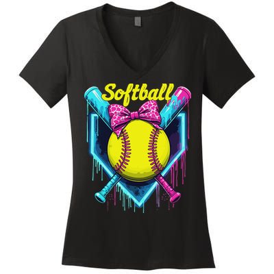 Softball Player Ice Cream Softball Drip Women's V-Neck T-Shirt