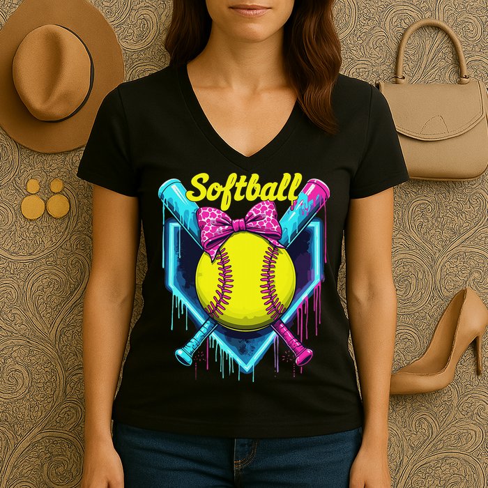 Softball Player Ice Cream Softball Drip Women's V-Neck T-Shirt