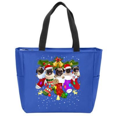 Santa Pugs In Christmas Socks Funny Xmas Dog Lover Pug Mom Gift Zip Tote Bag