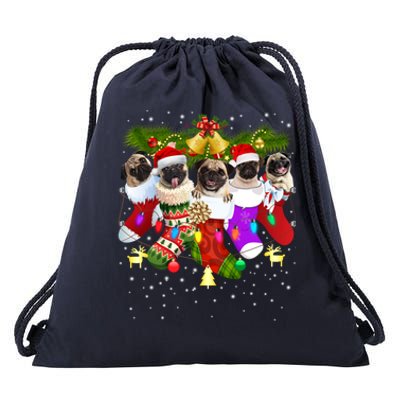 Santa Pugs In Christmas Socks Funny Xmas Dog Lover Pug Mom Gift Drawstring Bag