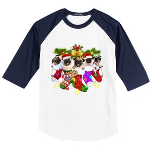 Santa Pugs In Christmas Socks Funny Xmas Dog Lover Pug Mom Gift Baseball Sleeve Shirt