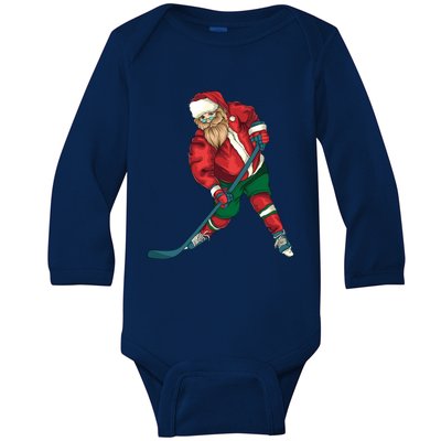 Santa Playing Ice Hockey Cool Christmas Funny Gift Baby Long Sleeve Bodysuit