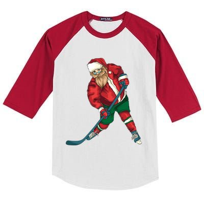 Santa Playing Ice Hockey Cool Christmas Funny Gift Kids Colorblock Raglan Jersey