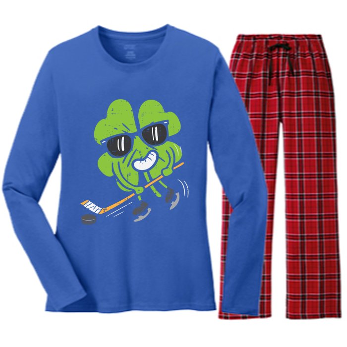 Shamrock Playing Ice Hockey St Patricks Day Cute Gift Women's Long Sleeve Flannel Pajama Set 