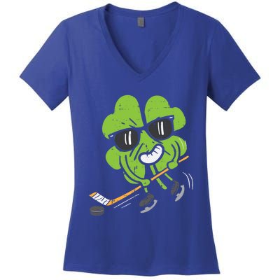 Shamrock Playing Ice Hockey St Patricks Day Cute Gift Women's V-Neck T-Shirt