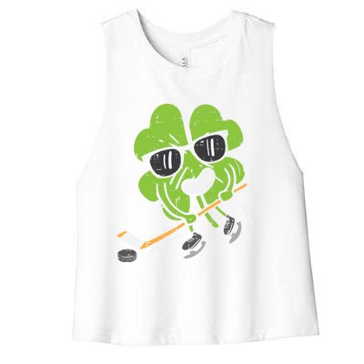 Shamrock Playing Ice Hockey St Patricks Day Cute Gift Women's Racerback Cropped Tank