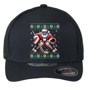 Santa Playing Ice Hockey Ugly Christmas Tree Snowflakes Xmas Gift Flexfit Unipanel Trucker Cap