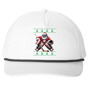 Santa Playing Ice Hockey Ugly Christmas Tree Snowflakes Xmas Gift Snapback Five-Panel Rope Hat