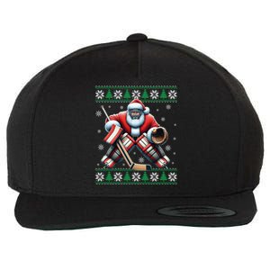 Santa Playing Ice Hockey Ugly Christmas Tree Snowflakes Xmas Gift Wool Snapback Cap