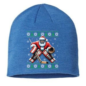 Santa Playing Ice Hockey Ugly Christmas Tree Snowflakes Xmas Gift Sustainable Beanie