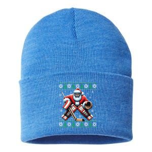 Santa Playing Ice Hockey Ugly Christmas Tree Snowflakes Xmas Gift Sustainable Knit Beanie