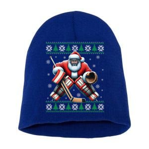 Santa Playing Ice Hockey Ugly Christmas Tree Snowflakes Xmas Gift Short Acrylic Beanie