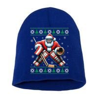 Santa Playing Ice Hockey Ugly Christmas Tree Snowflakes Xmas Gift Short Acrylic Beanie