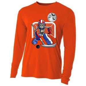 Skeleton Playing Ice Hockey Happy Halloween Day Cooling Performance Long Sleeve Crew