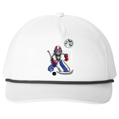 Skeleton Playing Ice Hockey Happy Halloween Day Snapback Five-Panel Rope Hat