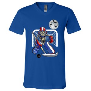 Skeleton Playing Ice Hockey Happy Halloween Day V-Neck T-Shirt