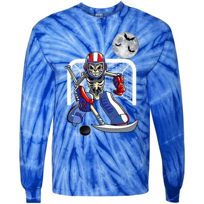 Skeleton Playing Ice Hockey Happy Halloween Day Tie-Dye Long Sleeve Shirt