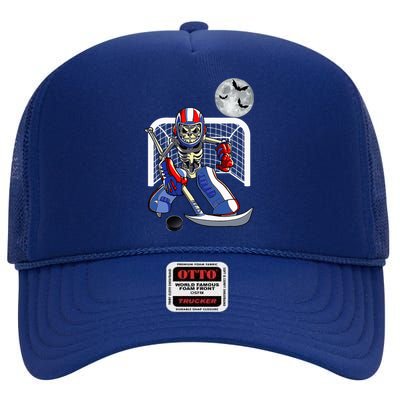 Skeleton Playing Ice Hockey Happy Halloween Day High Crown Mesh Back Trucker Hat