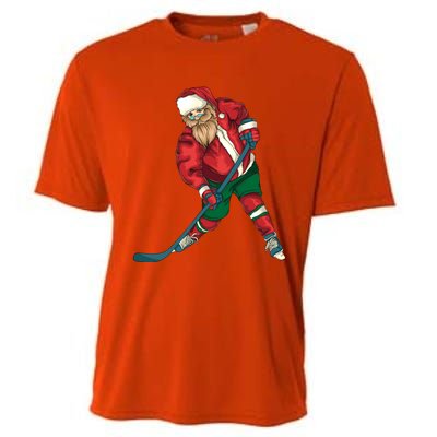 Santa Playing Ice Hockey Cool Christmas Funny Gift Cooling Performance Crew T-Shirt