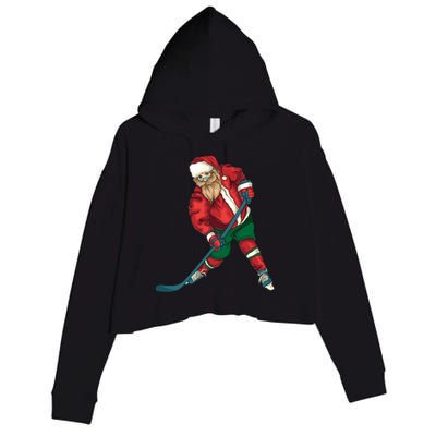 Santa Playing Ice Hockey Cool Christmas Funny Gift Crop Fleece Hoodie