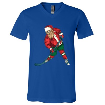 Santa Playing Ice Hockey Cool Christmas Funny Gift V-Neck T-Shirt