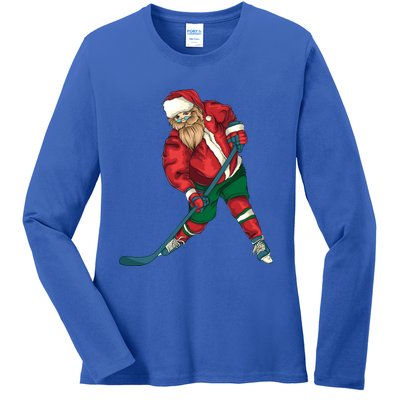 Santa Playing Ice Hockey Cool Christmas Funny Gift Ladies Long Sleeve Shirt