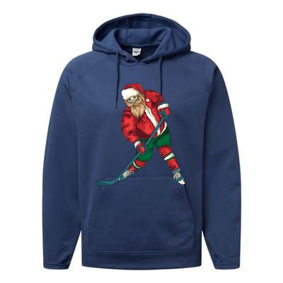 Santa Playing Ice Hockey Cool Christmas Funny Gift Performance Fleece Hoodie