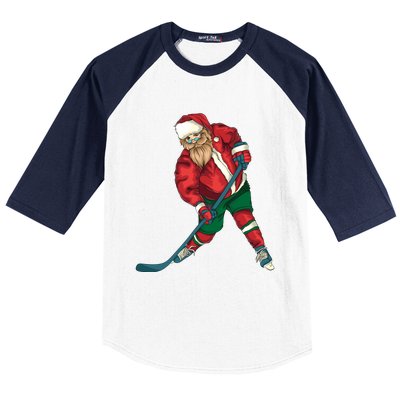 Santa Playing Ice Hockey Cool Christmas Funny Gift Baseball Sleeve Shirt