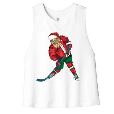 Santa Playing Ice Hockey Cool Christmas Funny Gift Women's Racerback Cropped Tank