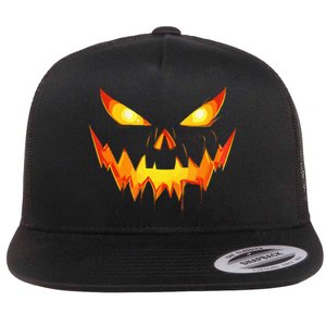 Scary Pumpkin Jack O Lantern Face Halloween Flat Bill Trucker Hat