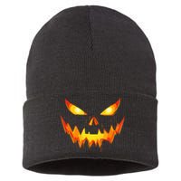 Scary Pumpkin Jack O Lantern Face Halloween Sustainable Knit Beanie