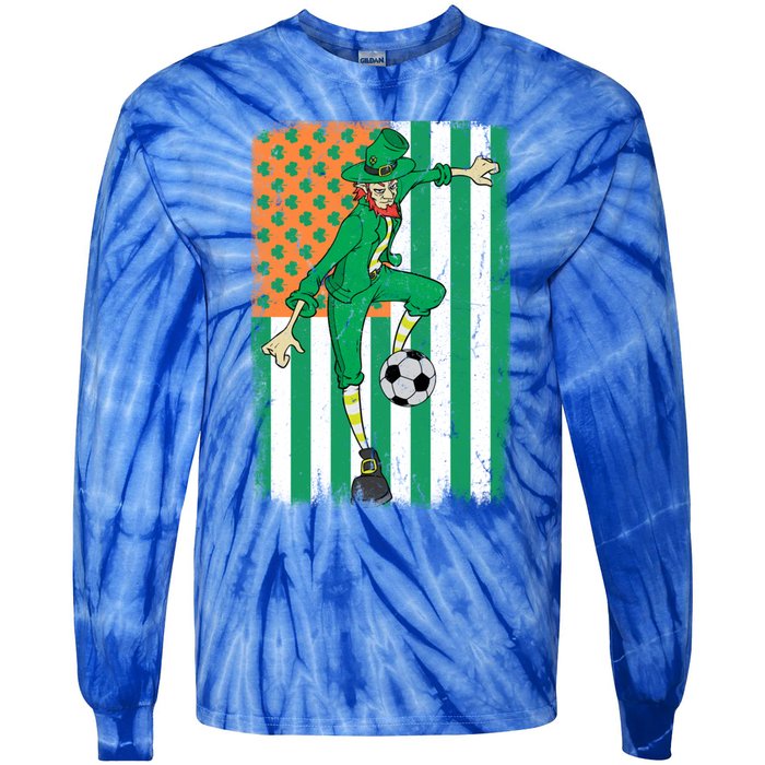 Soccer Player Leprechaun Irish American Flag St Patricks Day Cool Gift Tie-Dye Long Sleeve Shirt