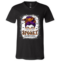 Spooky Paraprofessional Life Halloween Messy Bun Teacher V-Neck T-Shirt