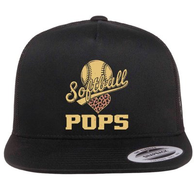 Softball Pops Leopard Heart Softball Ball Flat Bill Trucker Hat