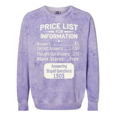 Sarcastic Price List For Information Funny Work Saying Colorblast Crewneck Sweatshirt