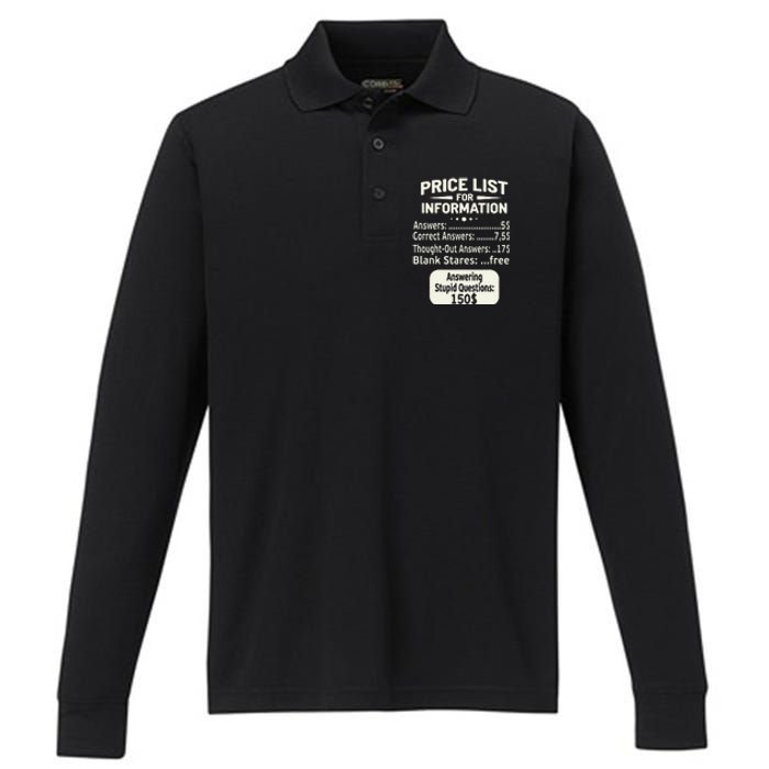 Sarcastic Price List For Information Funny Work Saying Performance Long Sleeve Polo