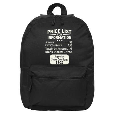 Sarcastic Price List For Information Funny Work Saying 16 in Basic Backpack