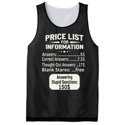 Sarcastic Price List For Information Funny Work Saying Mesh Reversible Basketball Jersey Tank