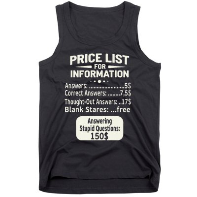 Sarcastic Price List For Information Funny Work Saying Tank Top